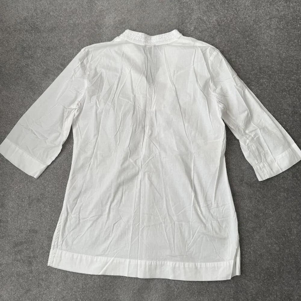 Talbots Blouse Womens Large White Sequin V Neck 3/4 Sleeve Tunic Top Cotton - Picture 8 of 9